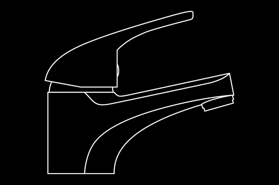 White outline of a modern bathroom faucet against a black background.