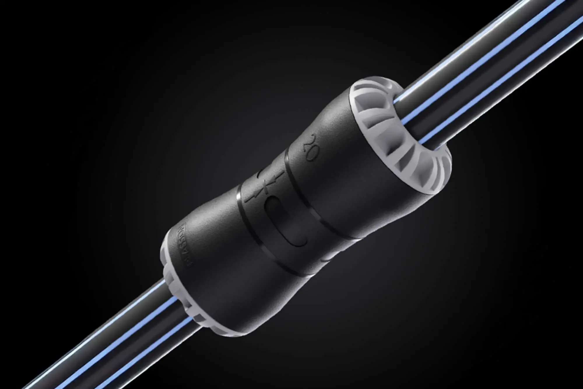 Black cylindrical connector joining cables with blue stripes, featuring white end caps and control buttons on black background.