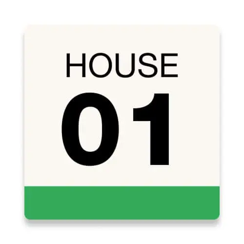 Square sign with "HOUSE 01" text on cream background with green bottom border