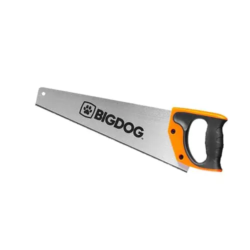 BIGDOG handsaw with silver blade and black and orange ergonomic handle on white background.