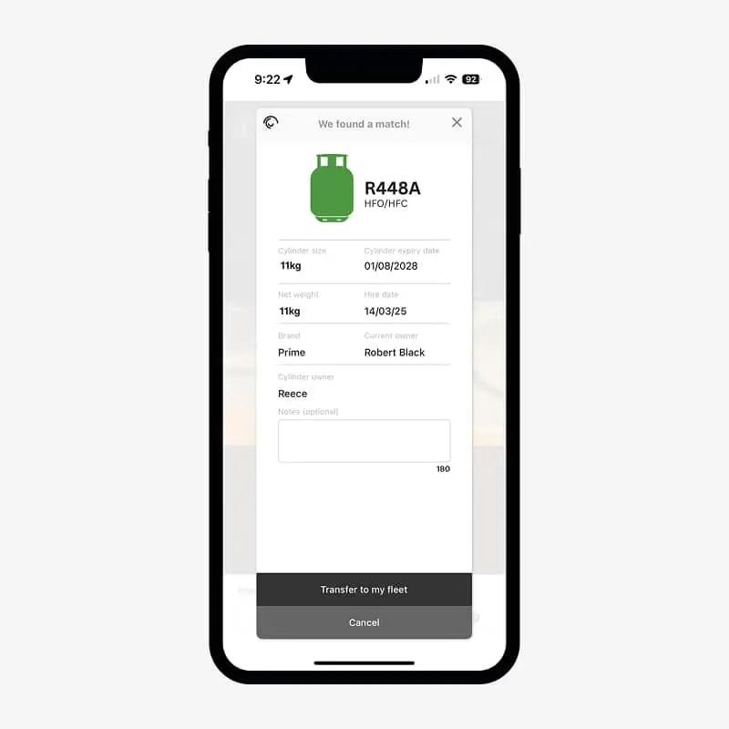 Smartphone screen showing R448A refrigerant cylinder details with specifications and owner information.