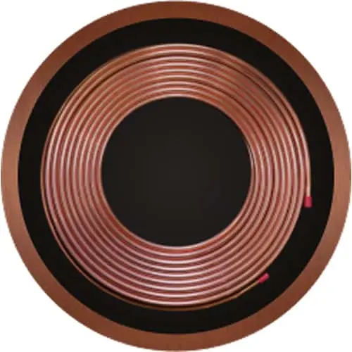 Circular copper coil on black background with copper-colored outer ring and small pink markers.