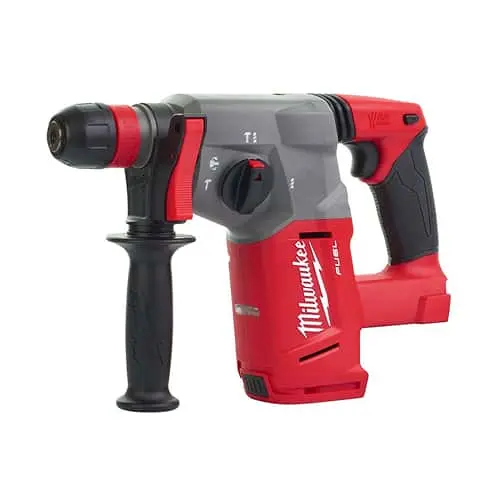 Red and gray Milwaukee rotary hammer drill with black handle and drill bit attachment.