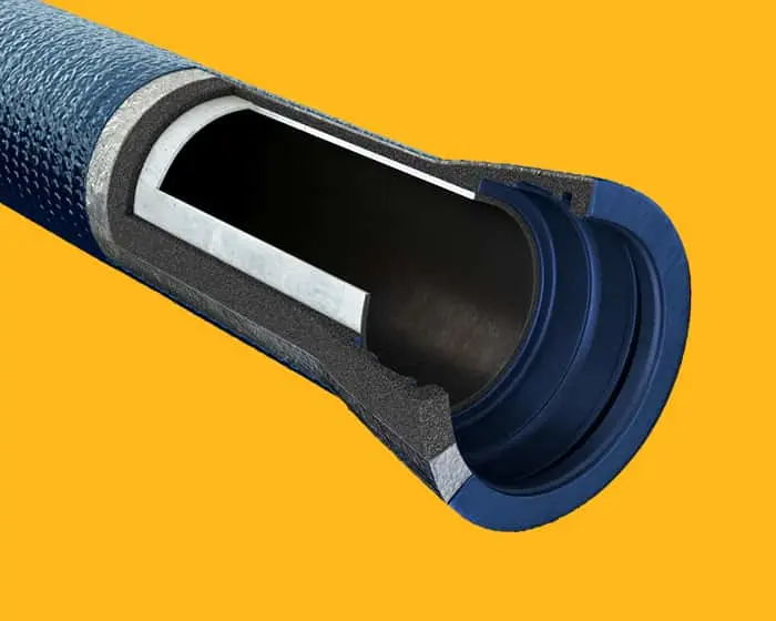 Cross-section of a blue industrial pipe showing internal layers and structure against a bright yellow background.