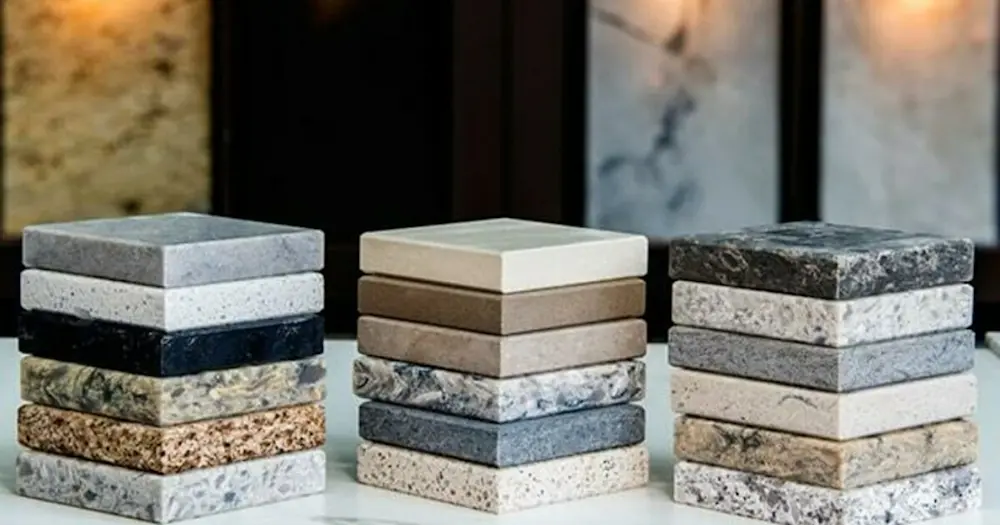 Three stacks of square stone samples in various colors and textures including marble, granite, and quartz.