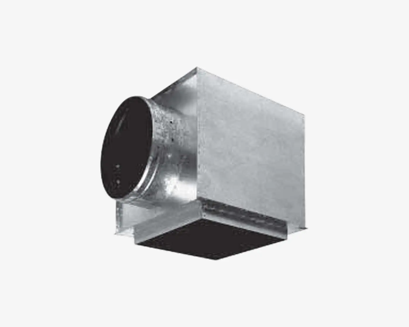Metal ventilation box with circular duct connection, used for HVAC systems in buildings.