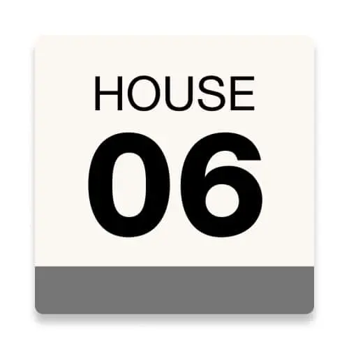 Square sign with "HOUSE 06" in black text on cream background with a gray bottom border.