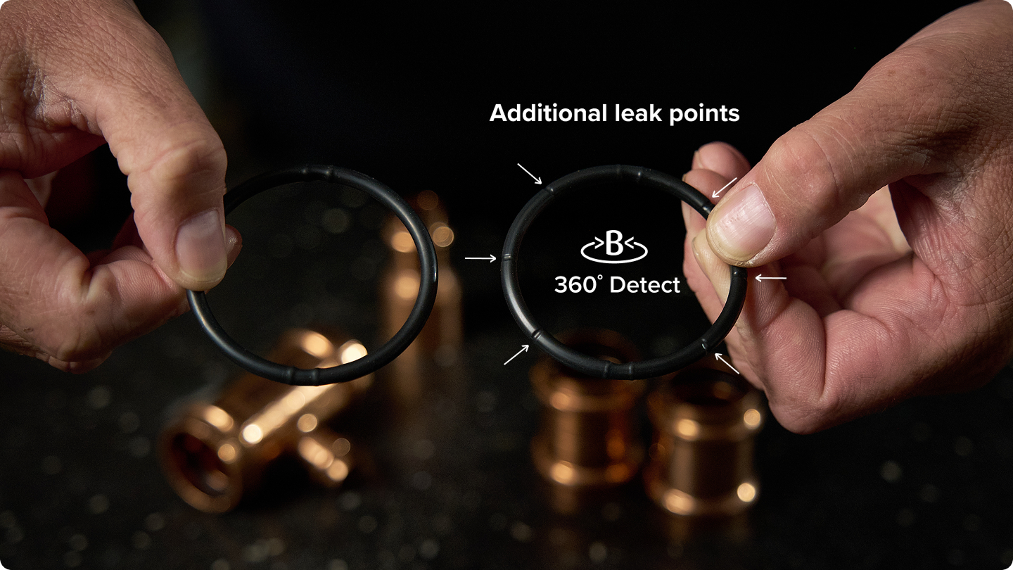 Hands holding two O-rings with arrows pointing to leak points and "360° Detect" label, brass fittings visible in background.
