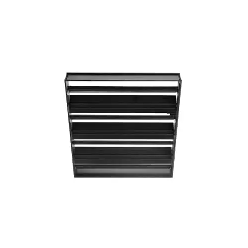 Black square ventilation grille with horizontal slats arranged in three tiers against white background.