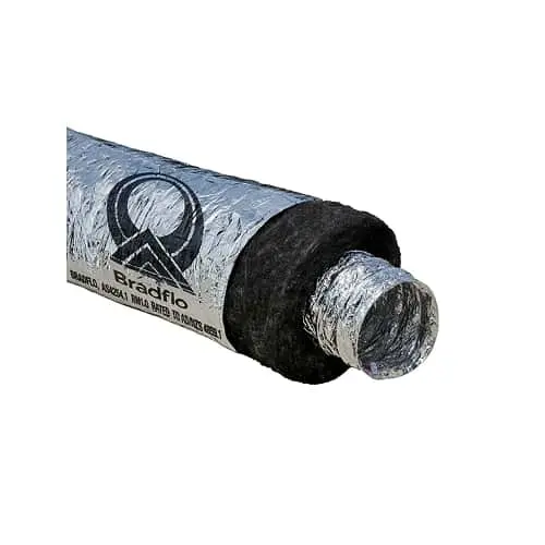 Insulated flexible duct with black outer layer and silver inner tube showing Bradflo logo on the exterior.