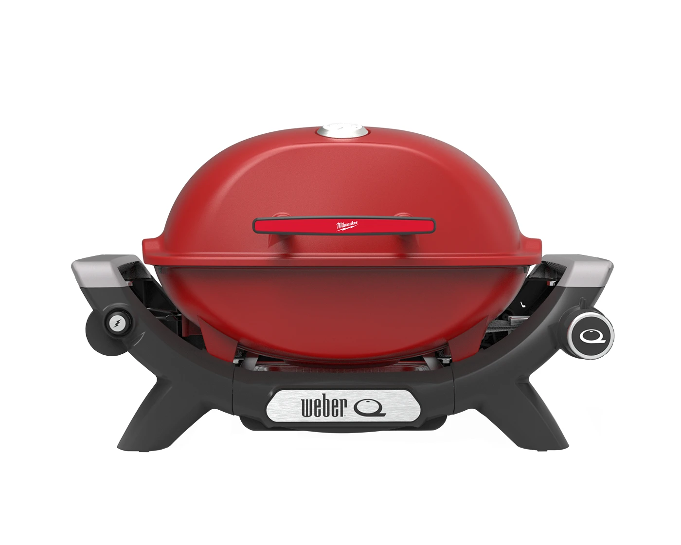 Red Weber Q portable gas grill with a dome lid, Milwaukee branding, black frame and legs, on a white background.