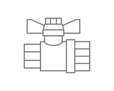 Simple gray line drawing of a ball valve with wing handles and connecting sections.
