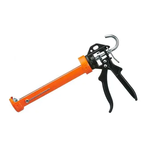 BIGDOG orange and black caulking gun with metal trigger mechanism and curved hook on white background.
