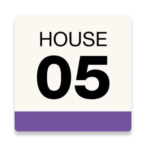 Square label with "HOUSE 05" text on cream background with purple bottom border