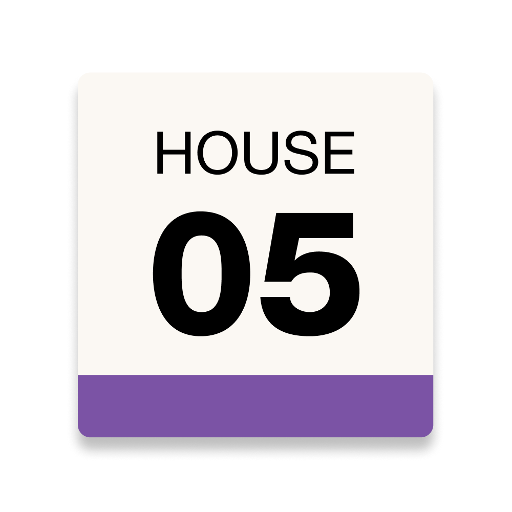 Square label with "HOUSE 05" text on cream background with purple bottom border
