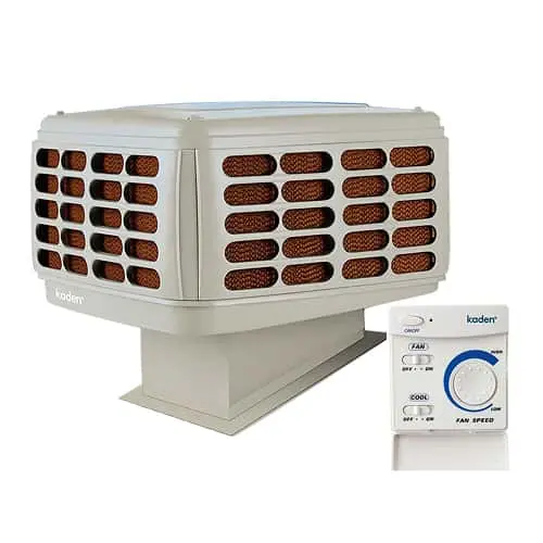 White Kaden evaporative cooler unit with copper-colored vents and control panel showing fan speed settings.