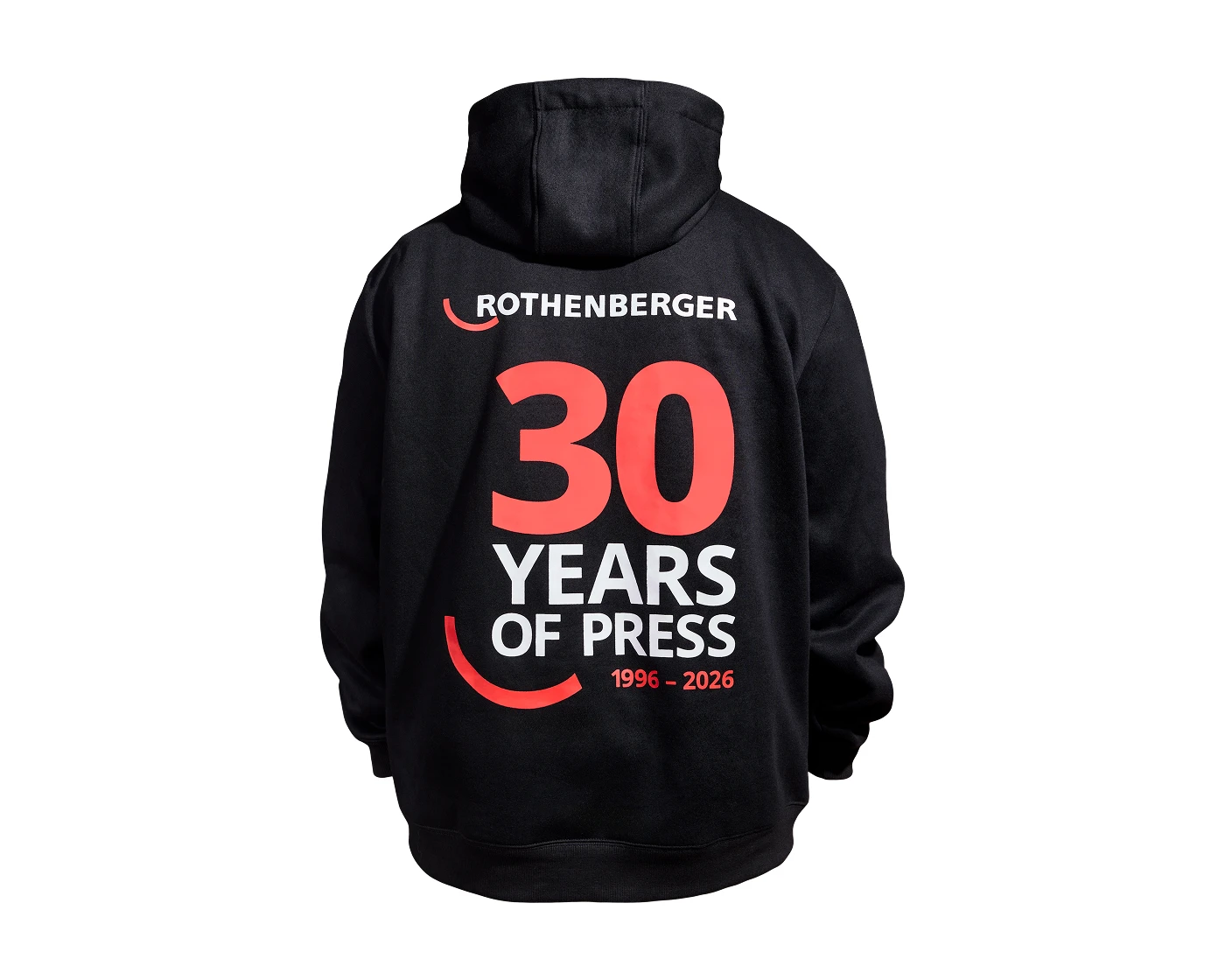Black hoodie back view with Rothenberger logo and "30 Years of Press 1996-2026" text in red and white.