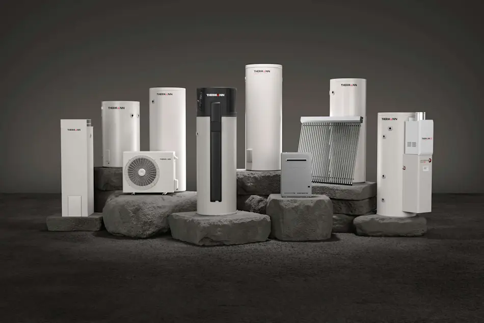 Collection of Thermann water heating systems including tanks, heat pump, solar collector and outdoor units on stone pedestals.