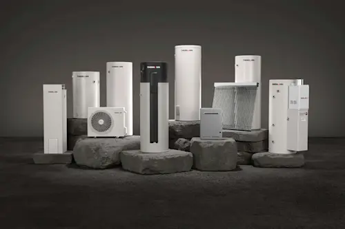 Collection of Thermann water heating systems including tanks, heat pump, solar collector and outdoor units on stone pedestals.