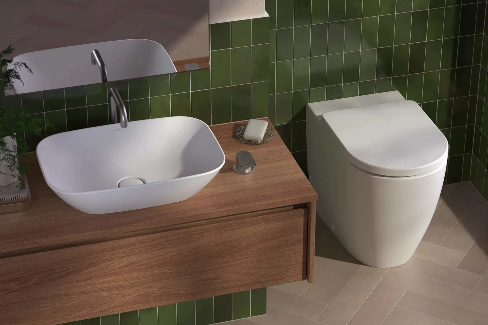 Modern bathroom with wooden floating vanity, white vessel sink, green tile walls and white toilet.