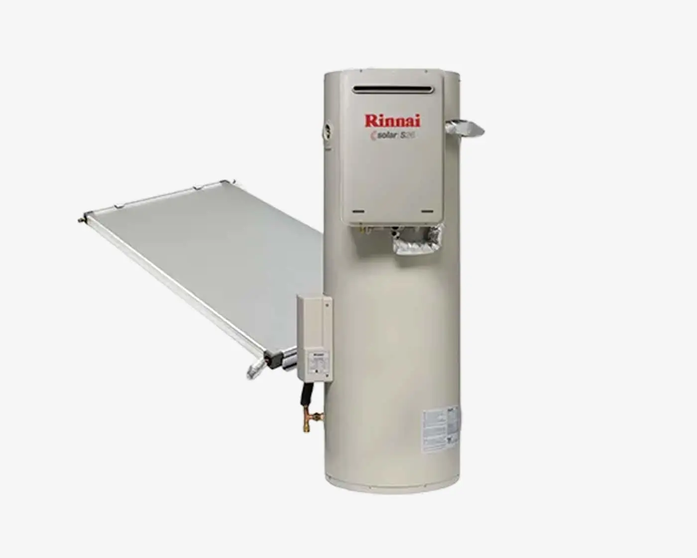 Rinnai solar hot water system with cylindrical tank and attached solar panel on white background.