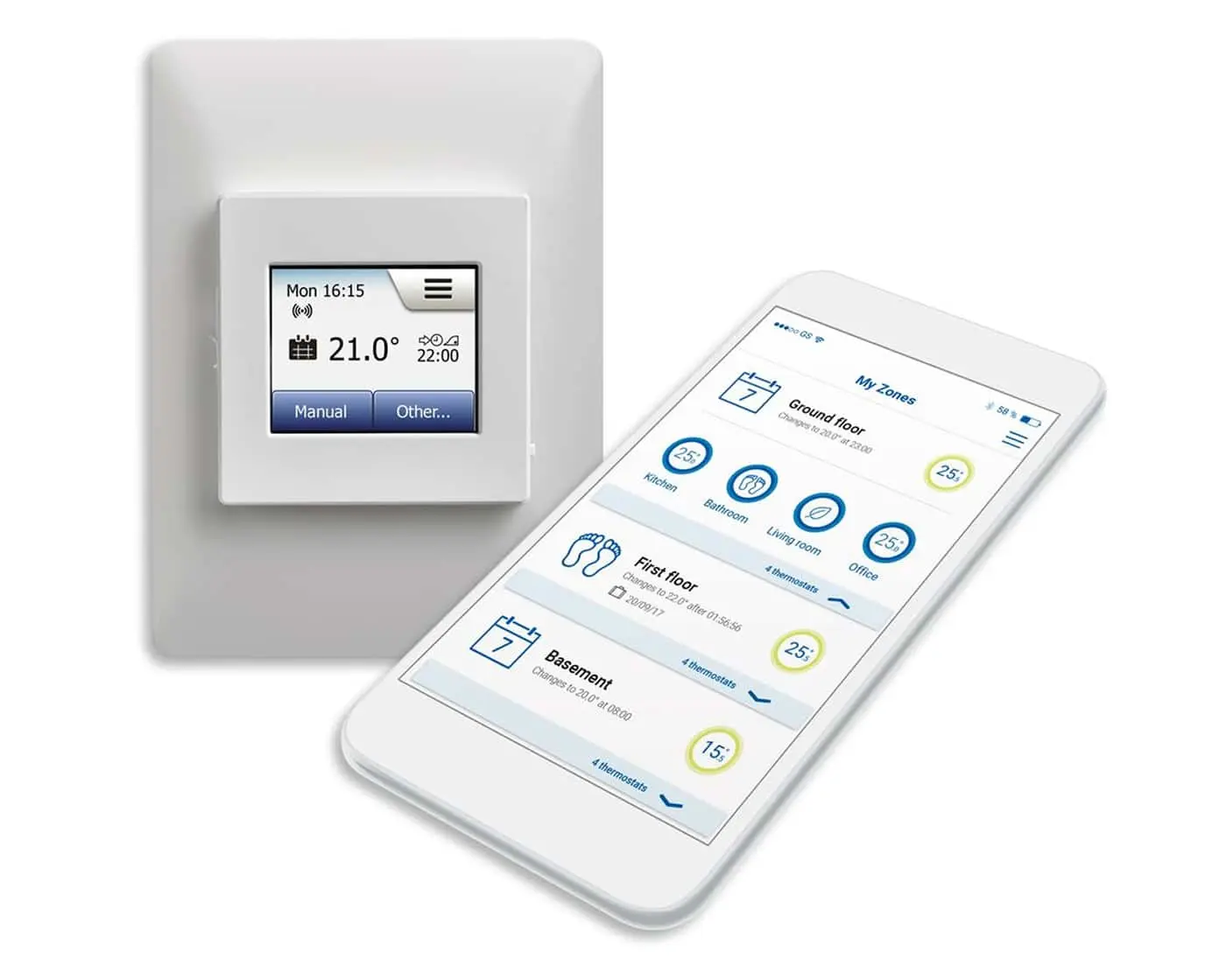 Smart thermostat wall unit showing 21.0° alongside smartphone displaying home zone temperature controls.