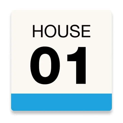 A square sign with "HOUSE 01" in black text on white background with a blue strip at the bottom.