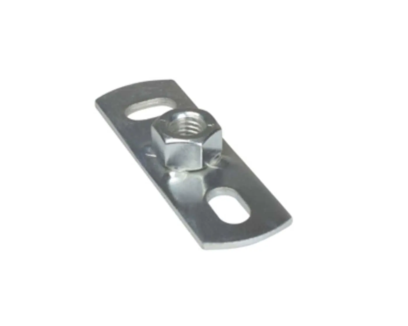 Metal mounting bracket with hexagonal nut attached to flat plate with two oval holes.