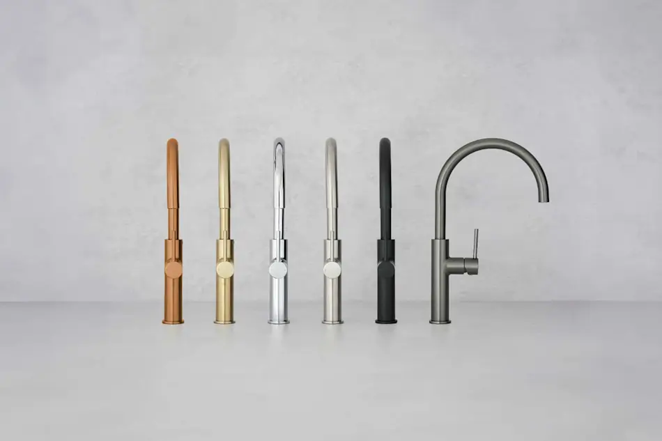 Six modern kitchen faucets in different finishes: bronze, gold, chrome, brushed nickel, black, and gunmetal.