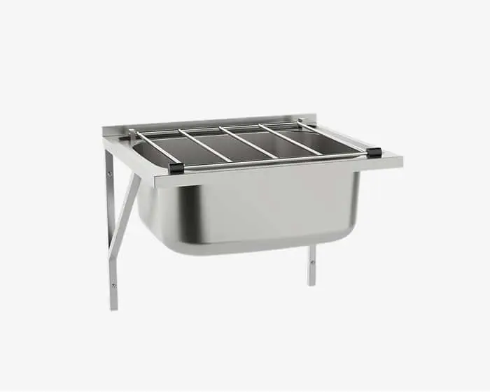 Wolfen wall-mounted sink with grate.