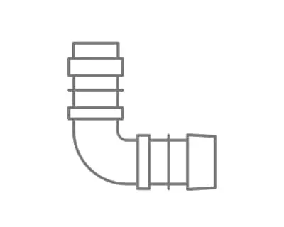Simple gray line drawing of a plumbing elbow joint connector with ribbed ends for pipe attachment.