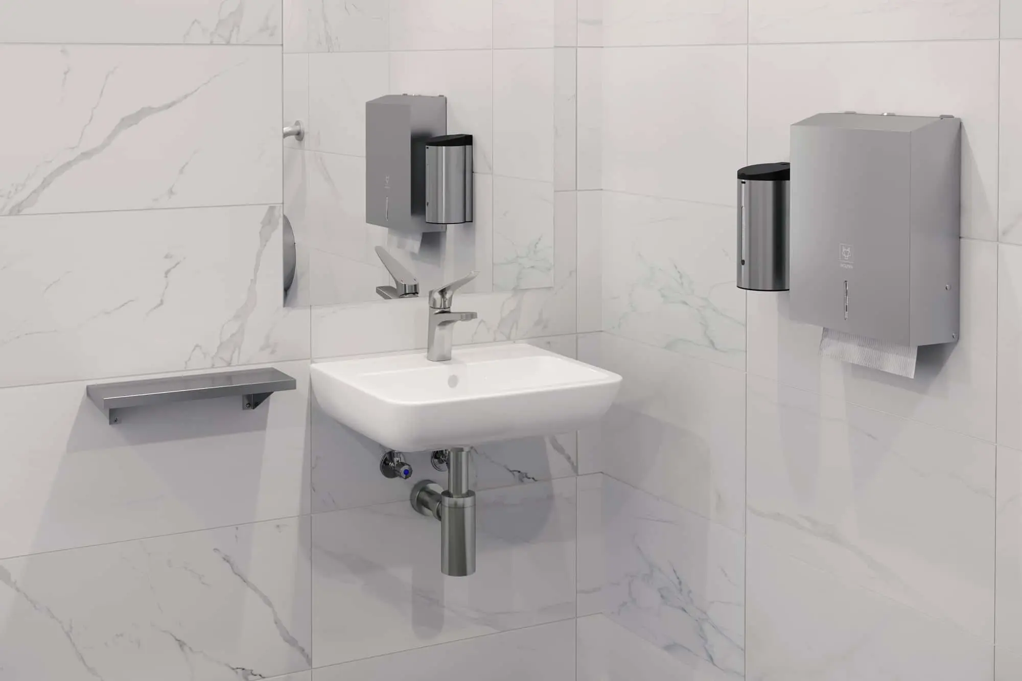 White wall-mounted sink with chrome faucet, two stainless steel paper towel dispensers, a soap dispenser, and a shelf on marble tiles.