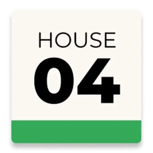 House 04 sign with black text on cream background and green bottom border
