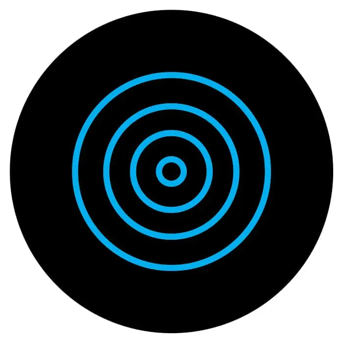 Circular black icon with concentric blue rings forming a target or bullseye pattern.