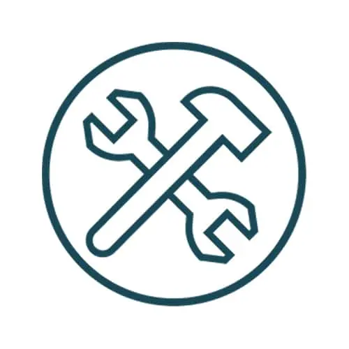 Dark teal icon of crossed hammer and wrench tools inside a circle, representing maintenance or repair services.