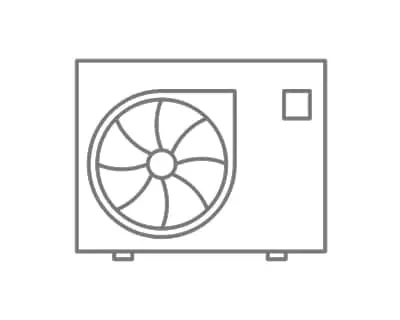 Simple line drawing of an heating unit with a circular fan visible inside a rectangular housing.