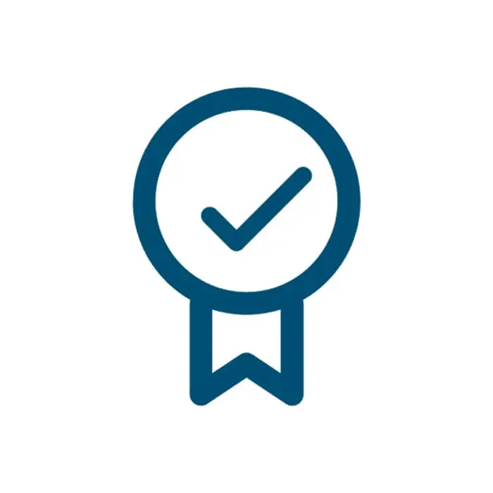 Blue icon of a medal or badge with a checkmark inside a circle, representing achievement or certification.