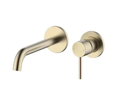 Mizu Drift wall basin mixer and outlet in brushed gold.