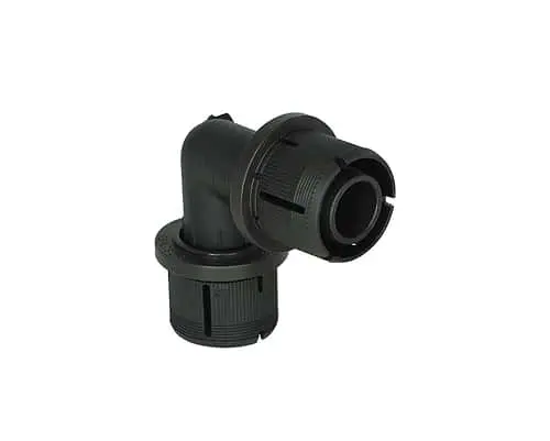 Black plastic 90-degree elbow pipe fitting with threaded connectors for plumbing or irrigation systems.