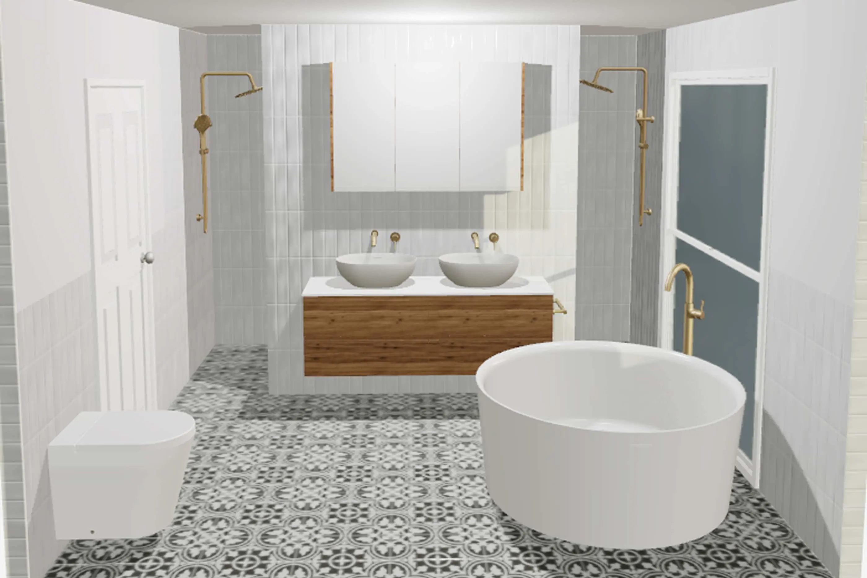 3D plan of a modern bathroom with white freestanding tub, double vessel sinks on wooden vanity, gold fixtures, and patterned floor tiles.
