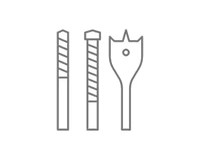 Simple gray line drawings of three drill bits: two spiral bits and one spade or flat bit.
