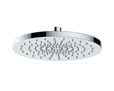 Round chrome rainfall shower head with multiple water spray nozzles on a flat circular surface