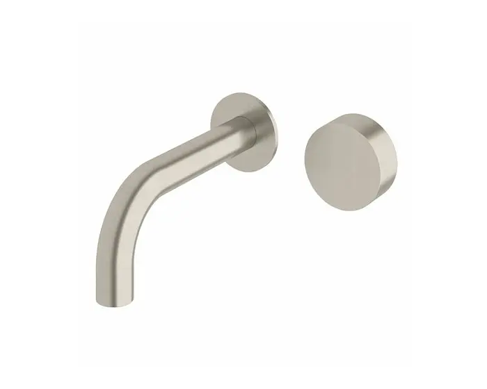 Milli Pure progressive round wall basin mixer and outlet in brushed nickel.