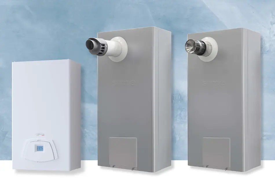 Three home heating units against a blue wall - one white with digital display and two gray with ventilation pipes.