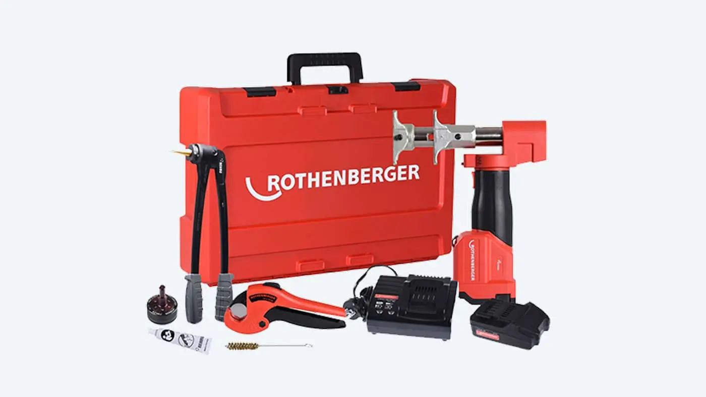 Red Rothenberger tool kit with power tool, battery, charger, and accessories displayed next to carrying case.