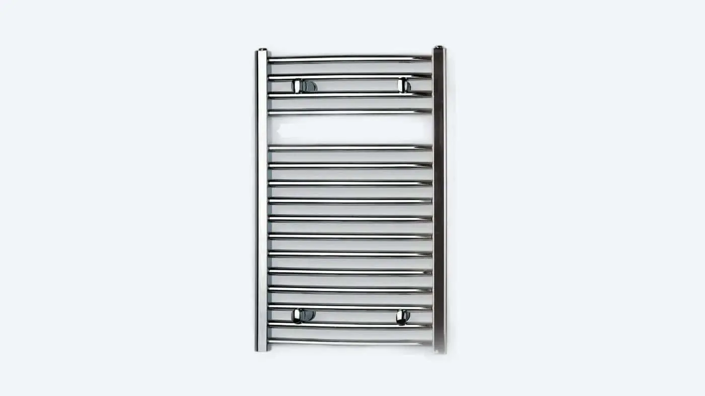 Chrome towel warmer with horizontal bars mounted on white wall, rectangular design with wall brackets.