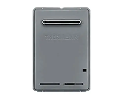 Gray Thermann gas continuous flow unit with ventilation slots at the bottom and brand name embossed on front panel.