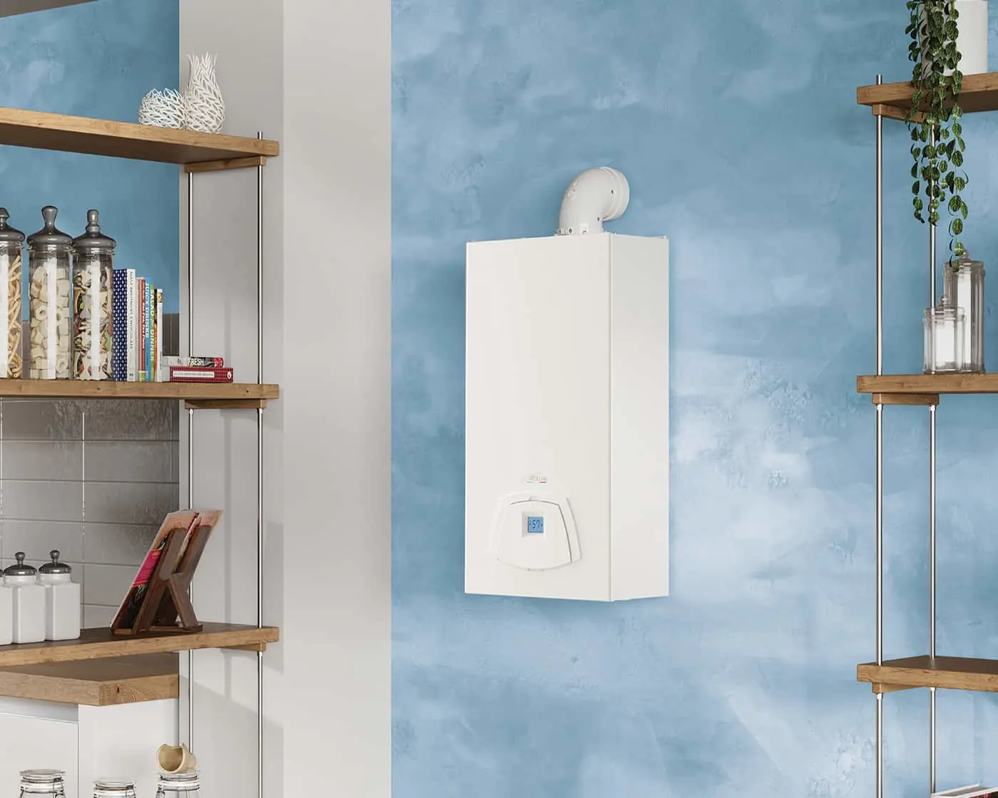 White wall-mounted boiler on blue textured wall, with wooden shelving units displaying decorative items on either side.
