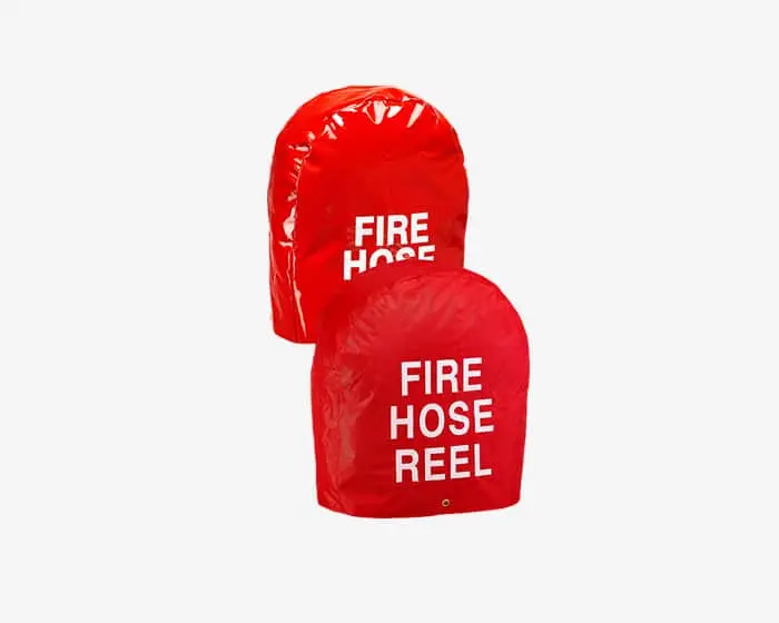 Two bright red protective covers for fire safety equipment, labeled "FIRE HOSE REEL"