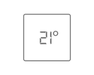 Digital temperature display showing 21 degrees in a minimalist square frame with gray outline.